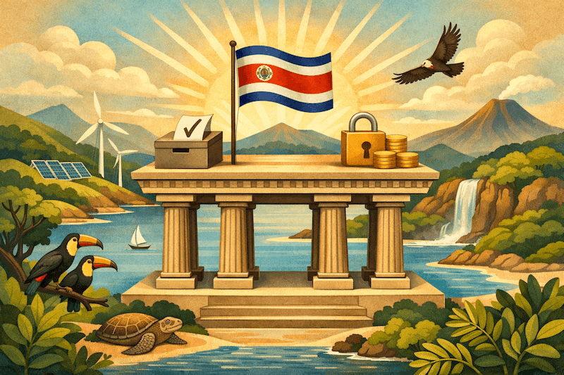 Illustration depicting Costa Rica's political stability and commitment to sustainability