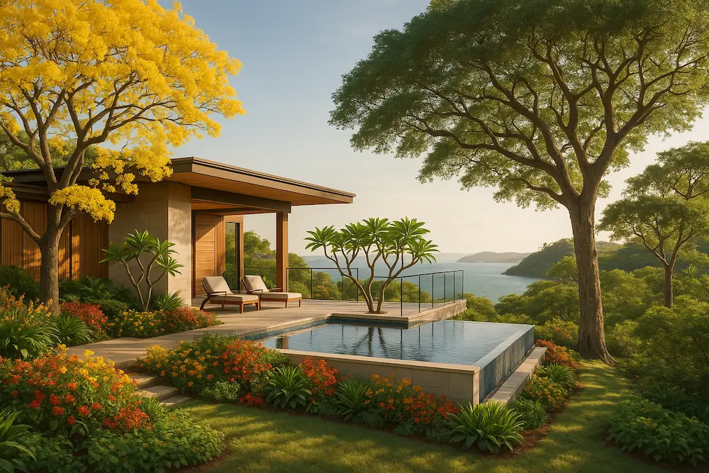 Hillside ocean view home with tropical dry forest plants