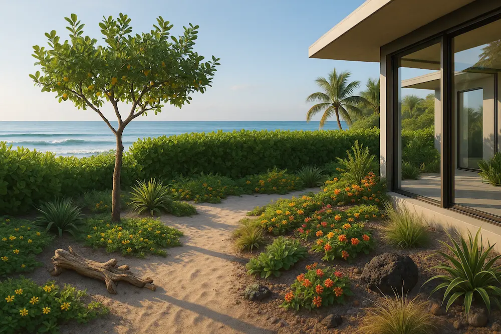 Coastal beachfront home with native plants and grasses common to Guanacaste